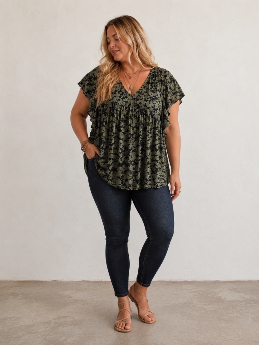CASLON Green Navy Abstract Print Flutter Sleeve Babydoll Boho Top V-Neck 2X - Picture 2 of 8